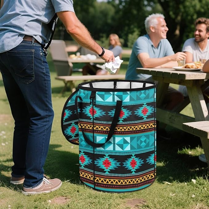 24 Gallon Large Capacity Collapsible Trash Can with Lid and Handles, Garden Leaf Bin Foldable Camping Trash Can for Yard Outdoor Picnics Blue Navajo Tribal Geometric Print