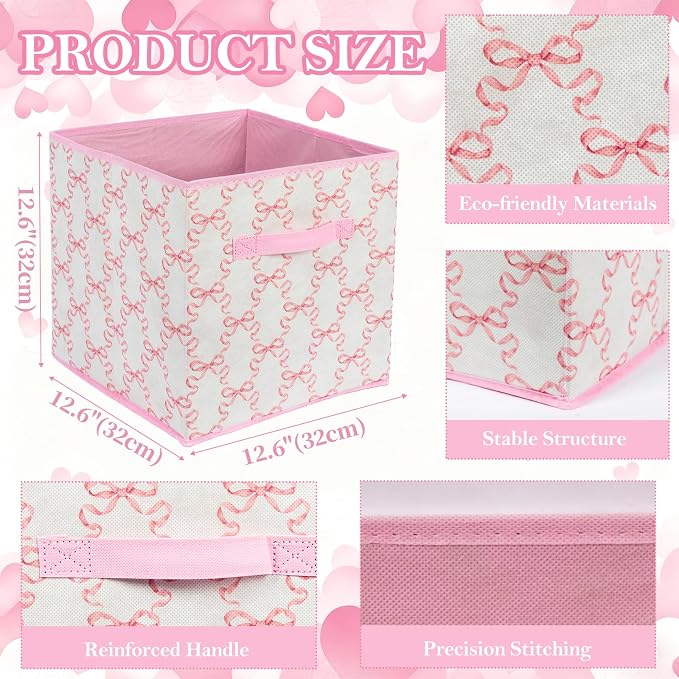 6 Pcs Pink Bow Cube Storage Bins 12.5 Inch Storage Basket with Handle, Cute Girls Organizer Basket, Collapsible Fabric Box for Classroom Bedrooms Office Home Decoration (Bow)