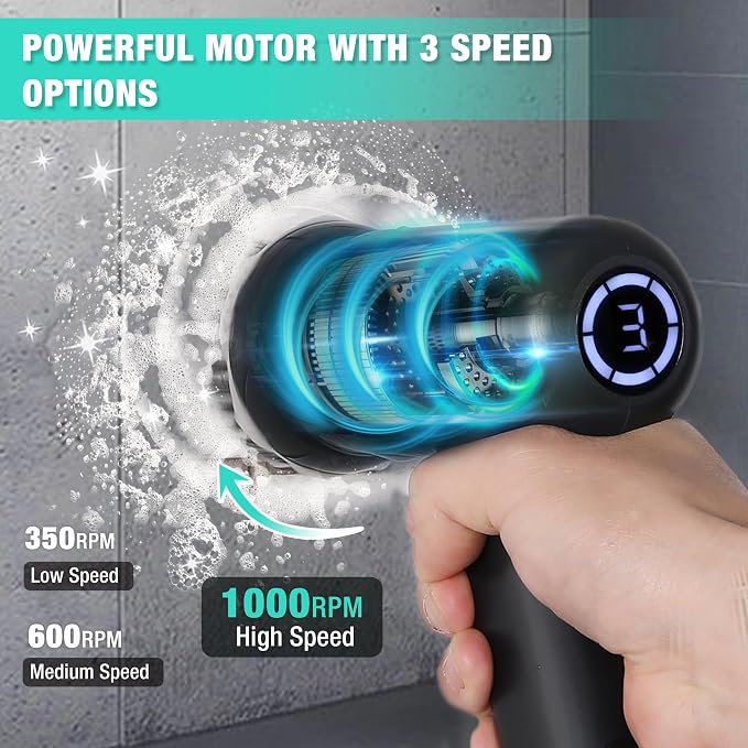 HAUSHOF Cordless Spin Scrubber with 8 Replaceable Heads & 3 Speeds | 7 Replaceable Brush Heads & 1 Knife Sharpener, Storage Design, Max 1000 RPM, for Cleaning Dishes, Kitchen, Sink, Bathroom