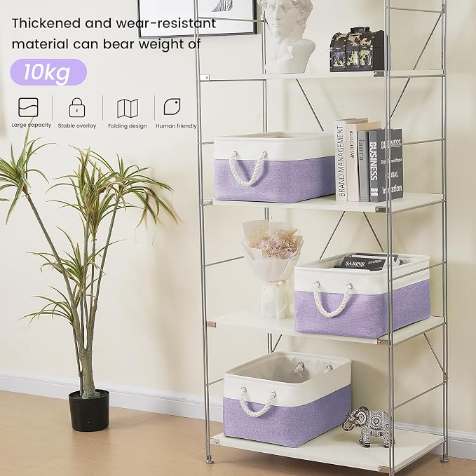 15.7x11.8x8.26 Inch Fabric Large Storage Bins with Handles 3 Pack | Foldable, Sturdy Metal Strand, Cardboard Support Molding, Fabric Storage Baskets for Shelves, Closet, Bedroom, White/Purple