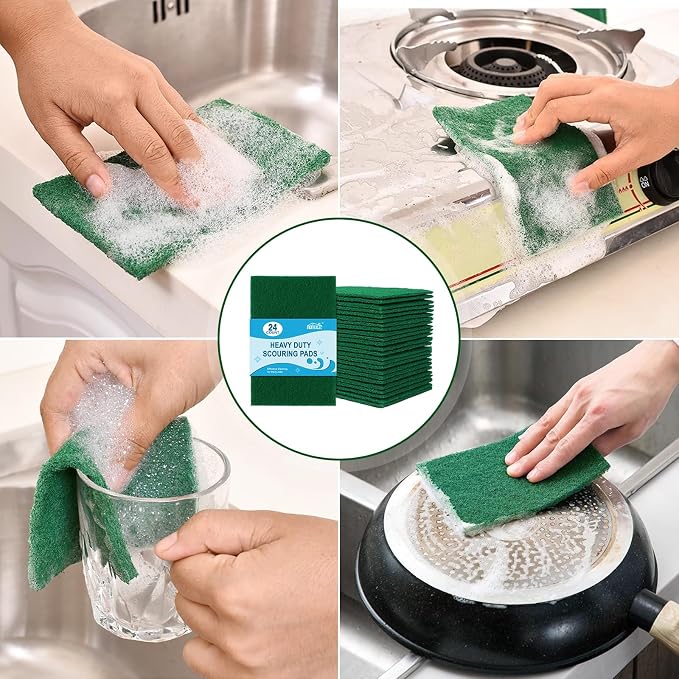 HOMEXCEL Heavy Duty Scouring Pads, 24 Pack Green Scrub Pads for Cleaning | Multipurpose Scrubbing Pads for Dishes, Pots, Pans, Metal Grill, Kitchen, Household, Reusable Cleaning Dish Scrubber