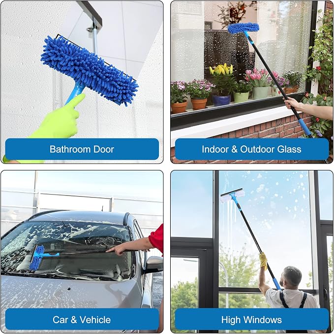 VITEVER Professional 69'' Window Squeegee Cleaner Tool with Extension Pole, 2-in-1 Squeegee for Window Cleaning Kit with Scrubber and Rotating Head, 1 Blade 2 Scrubber (Pack of 2)