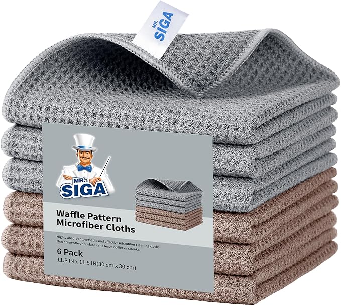 MR.SIGA Waffle Weave Cleaning Cloths, Ultra Absorbent and Lint Free, 6 Pack | Reusable Microfiber waffle towels, lint free microfiber kitchen towels, 30 x 30 cm( 11.8 x 11.8 inch)