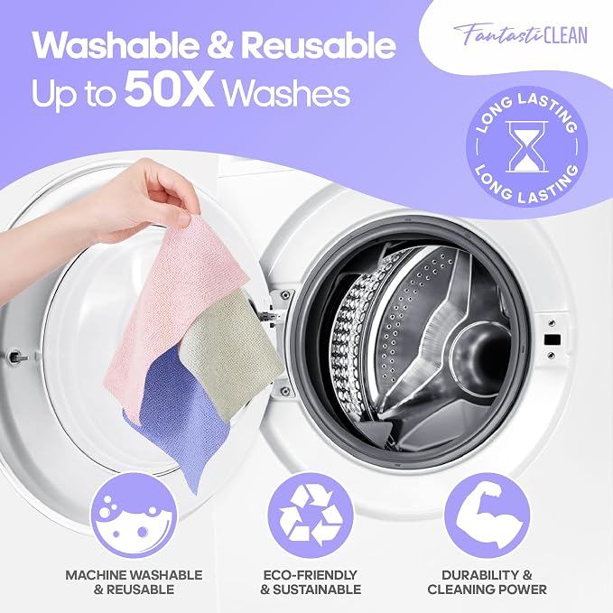 Fantasticlean Microfiber Cleaning Cloth Roll, 60 Pack, 8 x 8, Light Purple | Tear Away Microfiber Towel Roll, Reusable Paper Towels, Rags for Kitchen, Pet, Dust, Car, Office, Cleaning Supplies, Portable