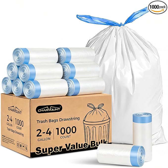 Charmount Small Trash Bags 4 Gallon-1000 Count Drawstring Mini Garbage Bags | Plastic Trash Can Liners for Bathroom Accessories, Bedroom, Dorm Room Essentials, Office
