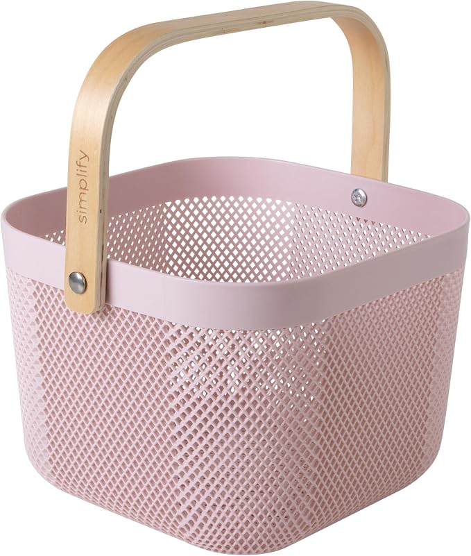 Simplify Small Mesh Storage Basket with Wooden Handle | Blush Color | Plastic Organizer Bin | Pantry Organization | Cabinet Storage