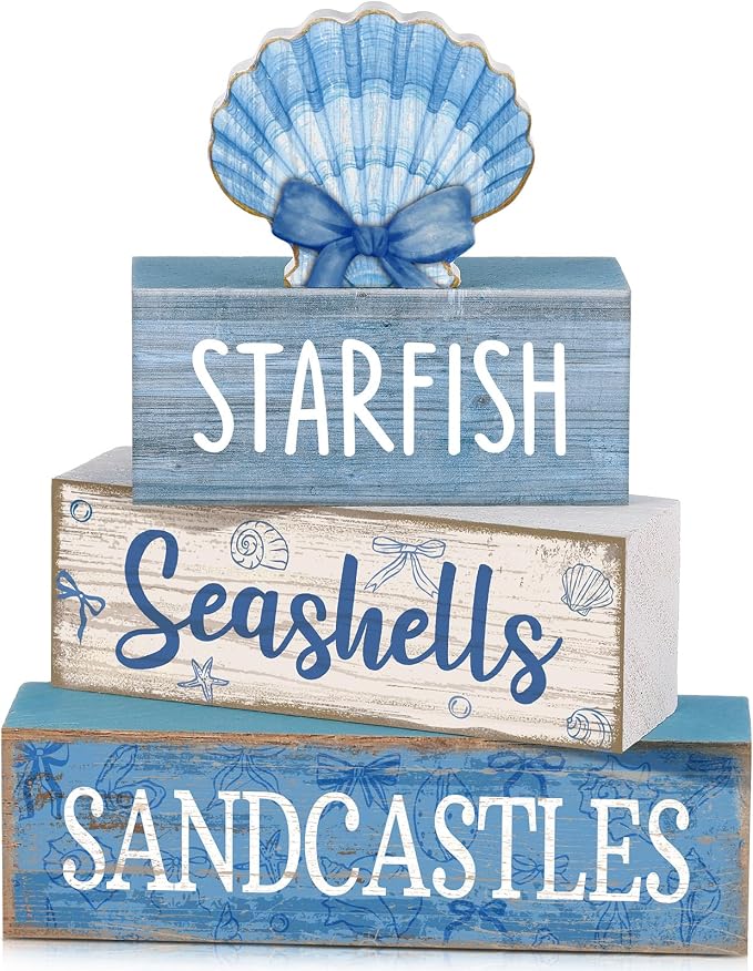 Moucuny 4 Pcs Beach Wooden Signs Table Decor with Shell, Tiered Tray | Coastal Nautical Theme Rustic Style, Summer Home Kitchen Centerpiece, Decorative Blocks for Tiered Trays