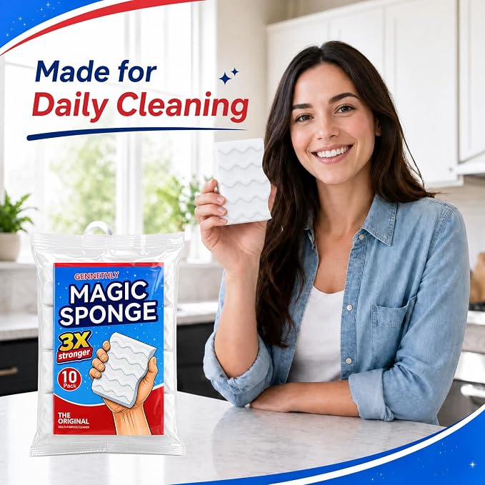 3X Density Magic Sponge Eraser, 10 Pack Cleaning Sponge for Kitchen & Bath | 3X density foam, Extra durable sponge, Ergonomic wavy grip, Deep cleaning power, Multi-surface cleaning, 10 pack value