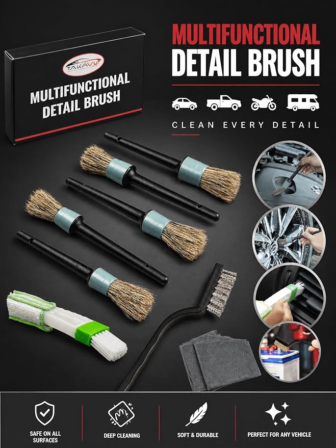 TAKAVU Car Detailing Brush Kit, 10 Piece Boar Hair for Interior | Detail Brushes, Wire Brush & Microfiber Towel for Engine Bay & Auto Interior Cleaning, Vents, Emblems & Trim