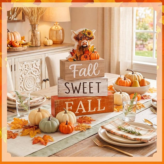 Moucuny 4 Pcs Fall Wooden Block Signs, Highland Cow Tiered Tray Farmhouse | Rustic Farmhouse Centerpiece for Kitchen Shelf Bathroom Laundry Room, Sweet Fall Harvest Theme Home Decor Gift