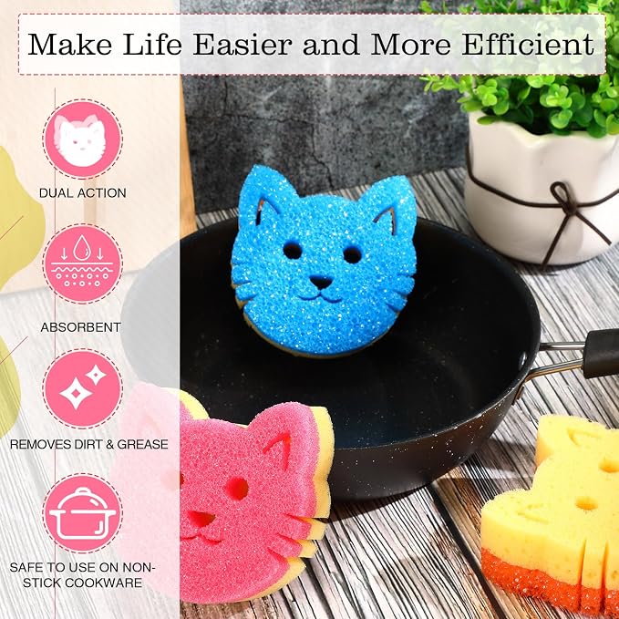 FillTouch Cat 3 Pcs Scrub Sponge, Pink, Orange, Royal Blue | Soft Non-scratch Cat Sponge, Dual Sided, Temperature Sensitive, Easy Clean, Multi Functional Sponge for Kitchen, Bathroom