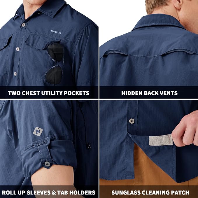 NAVISKIN Men's UPF 50+ Sun Protection Long Sleeve Fishing Shirts | UV Protective, Quick Dry, Vented Back, Utility Pockets, Roll Up Sleeves, Lightweight PFG Shirts For Hiking Camping Safari