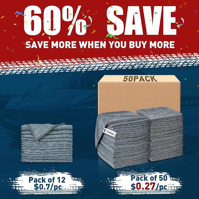 Microfiber Cleaning Cloths Bulk-50 Pack, Gray Microfiber Towels for Cars | Ultra Absorbent Microfiber Towel Weave Grime & Liquid for Streak-Free Mirror Shine - Car Washing Cloth, 12x12 inches