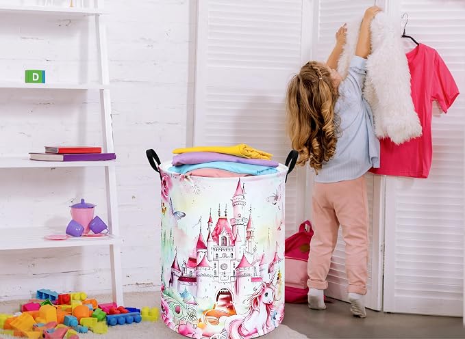 Round Castle Pattern Laundry Hamper Clothes Storage Basket Fabric Storage Hamper Organization Storage Bin, Nursery Box,Gift Basket with Handles