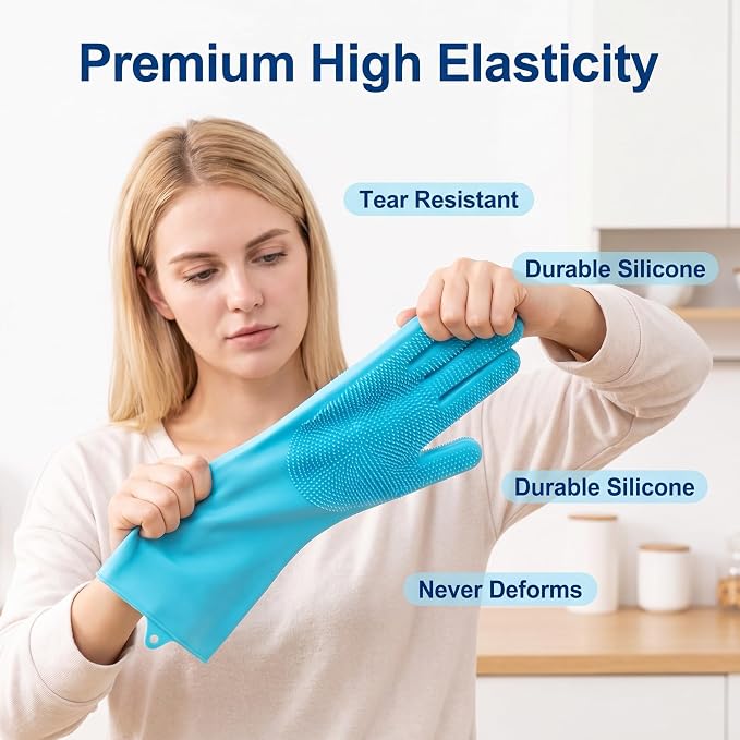 Silicone Dish Washing Gloves with Scrubber, High-Density Teeth For Scrub | Dog & Cat Grooming Mitts, Non-Slip, Safe For Dishes & Pets, Food-Grade, Easy Rinse & Hang, 12.2" × 6.3 - Blue