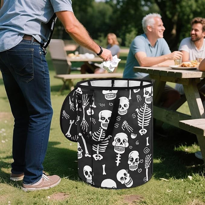 Collapsible Trash Can with Lid and Handles 24 Gallon Large Capacity Foldable Garbage Can for Camping Outdoor Reusable Waster Bag Black Skull Print
