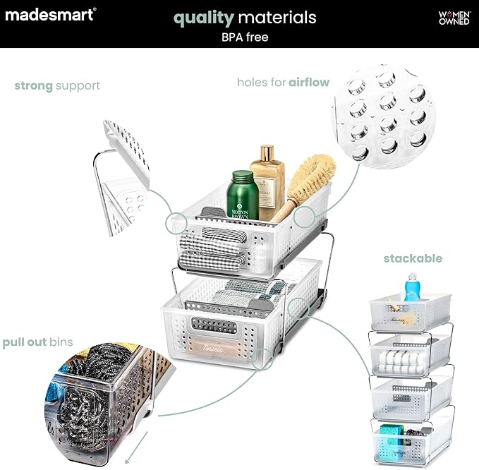 madesmart Two Tier Pull Out Organizer, Frost | adjustable dividers, tiered access, cleaning supplies, under sink use, pantry bottles, woman owned