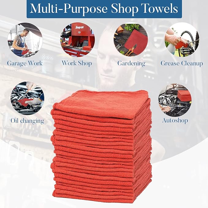 DAN RIVER Shop Towels 12x14 inc 50 Pack Red Terry Cloth Rags | Washcloths for Cleaning Cars & Household Surfaces Well Absorbent, Reusable Cleaning Rags Washable 60% Cotton 40% Polyester
