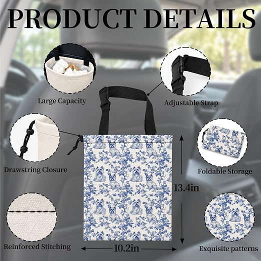 Chinoiserie Yorkshire Terrier Car Garbage Bag Canvas Trash Can | Blue and White Yorkie Dog Drawstring Car Trash Bag Hanging for Back Seat with Adjustable Buckle