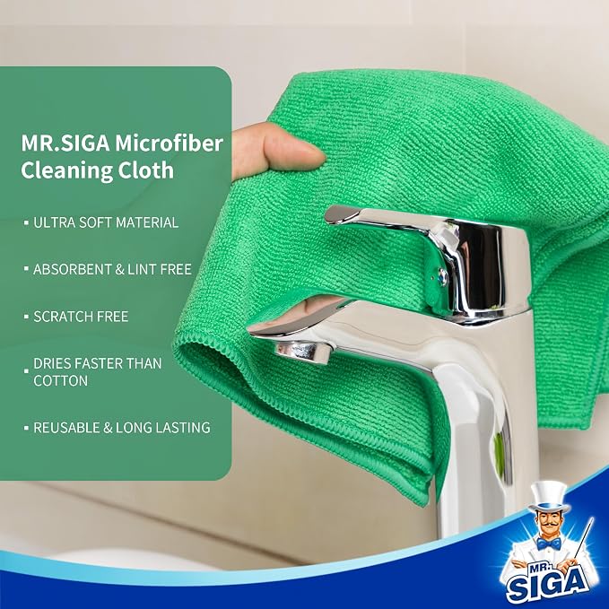 MR.SIGA Microfiber Cleaning Cloths, Streak Free Microfiber Towels, 12 Pack | All-purpose microfiber cloths, ultra absorbent, reusable household cleaning towels, Green, 32 x 32 cm(12.6 x 12.6 inch)
