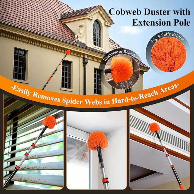 20ft Extendable Duster Kit for High Ceilings with Extension Pole | Tall Cobweb Duster, Microfiber Ceiling Fan Duster, 2-in-1 Window Squeegee, Wall Mop for Home Ceiling Wall High Reach Cleaning