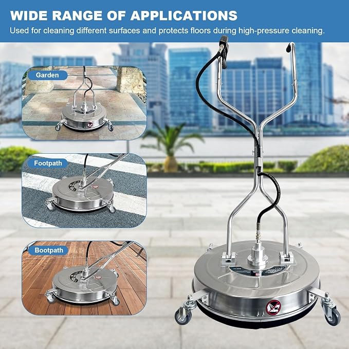 20-Inch Pressure Washer Surface Cleaner, Stainless Steel 4600 PSI Commercial Grade Power Washer Attachment with 4 Wheels, Heavy Duty Concrete Cleaner for Driveways, Patios, Sidewalks