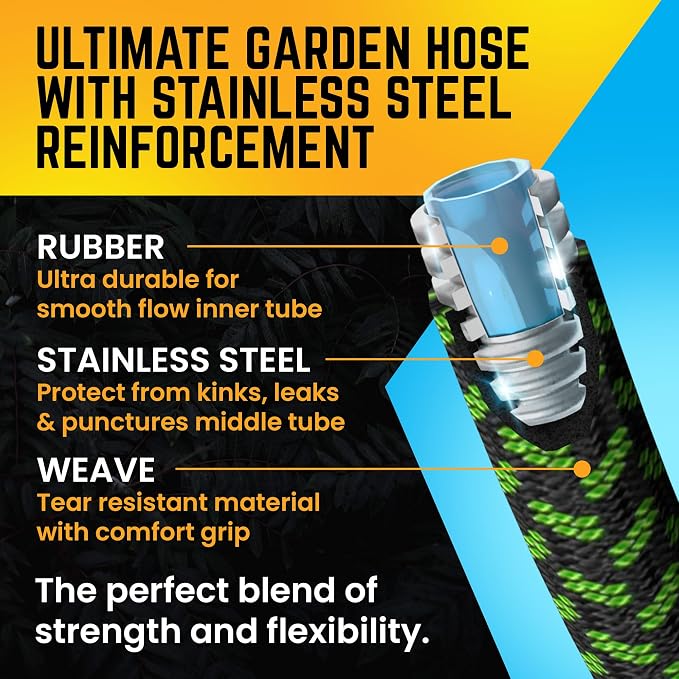 PowerFlow Garden Hose, NON-EXPANDABLE 75 Feet Premium Quality Stainless Steel Metal Water Hose with Durable Fabric Skin, Hose For Commercial, Residential Use, Bonus 10-way Spray Nozzle (75 Ft, Green)