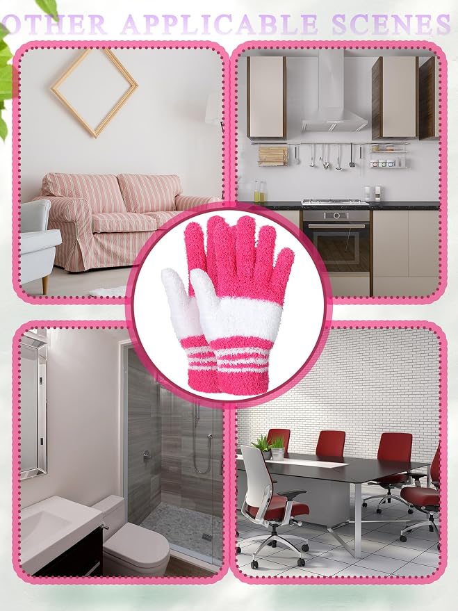 Patelai 3 Pairs Microfiber Dusting Gloves for Plants Leaf, Medium | White, Pink, Purple, Rose Red,Plant Cleaning Gloves, Reusable Washable Gloves,House Furniture Blinds Dusting
