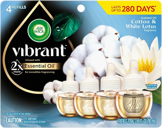 Air Wick Plug-In Scented Oil Refills, 4 Count, Cotton & White Lotus, Air Freshener, Essential Oils