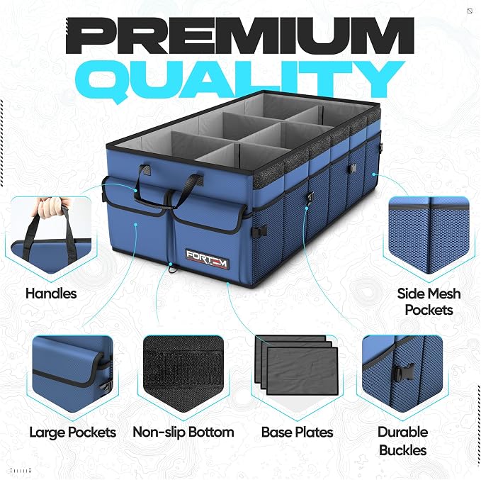 FORTEM Trunk Organizer - Foldable Car Organizer & Storage for SUVs & Trucks | Car Accessories for Men Women, Collapsible Bag, Non Slip Bottom, Straps, Soft Cover, 600D Oxford, Blue, 6 Compartments, 85L