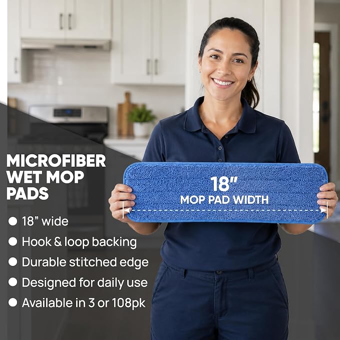 Microfiber Wholesale 18 inch Microfiber Mop Pads - Machine Washable, Reusable, Refills & Replacement Wet Mop Heads Compatible with Any Microfiber Flat Mop System (18 Pack)