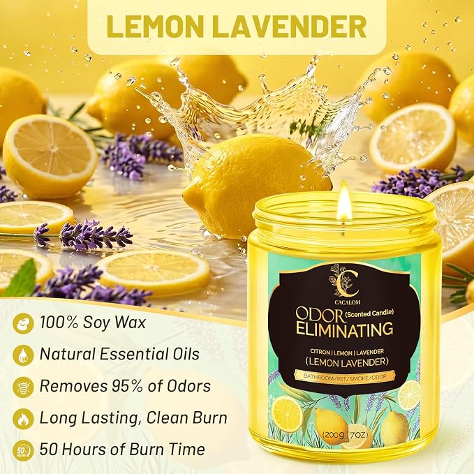 Odor Eliminating Candle, Soy Scented Candles, Lemon Lavender 7oz | Soy Wax Candles, 50Hr Burn, Eliminates 95% Of Pet, Food & Other Smells, Perfect for Living Rooms and Bedrooms, Gift Ready