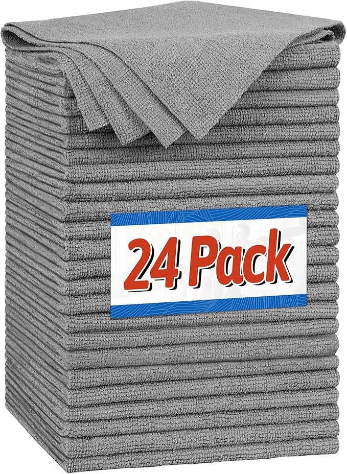 Microfiber Cleaning Cloth, Shop Towels Bulk, 24 Pack Grey Microfiber Towels for Cars, All-Purpose Absorbent Cleaning Rags, Dust Cloth for Automotive, Mechanic, Garage, Bar, 12 x 11 inch