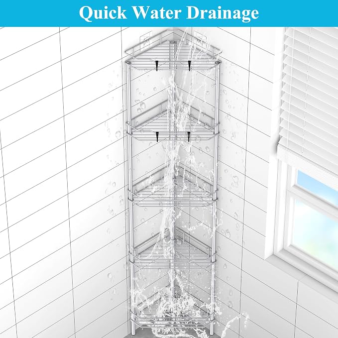 HuggieGems Metal Floor Standing Corner Shower Caddy, Silver, 5 Tier | Adhesive Bathroom Organizer Shelves, Free Standing Shower Rack with Hooks, Hold Large Shampoo Bottles