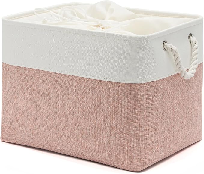 16x12x12 In Foldable Fabric Large Storage Bins with Handle 1 Pack | Storage Basket with Draw String Top, Sturdy Metal Strand, Cardboard Support Molding, for Shelf, Closet, Bedroom, White/Pink