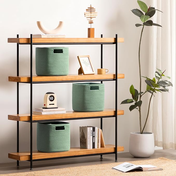 Dreamcountry 13x13 Cube Storage Bins, Storage Cubes with Handles, 4 Pack Cotton Rope Basket for Shelves, Cube Storage Organizer forToys, Book, Clothes, Home, Office, Nursery, Green