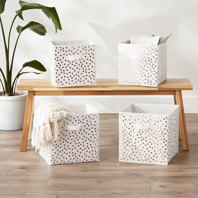 DII Woven Polyester Storage Bin, Polka Dot, White & Gold, Large Set of 2