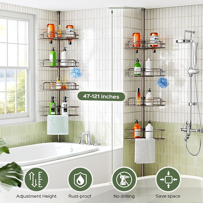 HAMITOR Corner Bathroom Organizer, 4-Tier Tension Pole Shower Caddy, Bronze | Rust-Resistant Adjustable Shelves, No-Drill Quick Install, Space-Saving Bathtub Storage For Renters, Families 47.7-123.7In