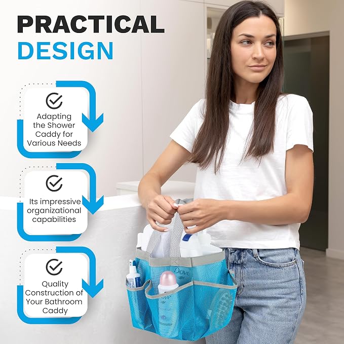 Handy Laundry Mesh Shower Caddy - 7 Pocket Portable Bathroom Organizer Tote for Travel, Gym & Dorm - Collapsible Small Shower Caddy Bag to Hold Toiletries & Essentials (Blue)