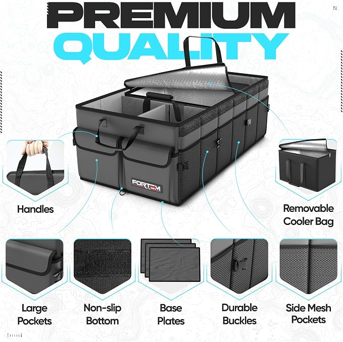 FORTEM Trunk Organizer - Foldable Car Organizer with Cooler for SUV, Trucks | Car Accessories for Men Women, Collapsible Bag, Non Slip Bottom, Straps, Soft Cover, 600D Oxford, Grey, 6 Compartments, 105L