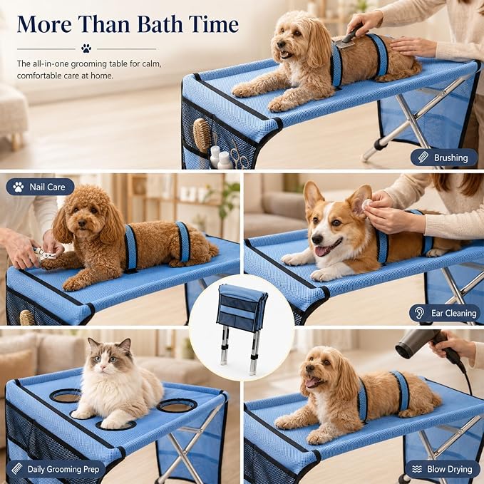 Dog Bath Hammock with Foldable Pet Bathing Stand (Upgraded Version - Blue) | For bathing, paw cleaning, nail trimming and grooming Small/Medium Dogs in showers, laundry rooms and home pet care areas