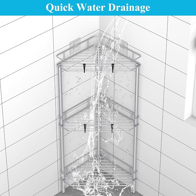 HuggieGems Metal Floor Standing Corner Shower Caddy, Silver, 3 Tier | Adhesive Bathroom Organizer Shelves, Free Standing Shower Rack with Hooks, Hold Large Shampoo Bottles