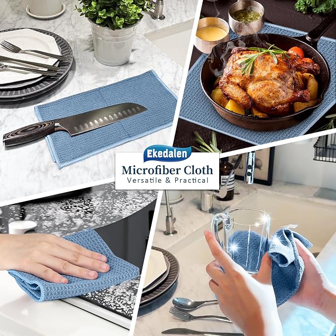 Microfiber Cleaning Cloth Lint Free Glass Polish, Blue | Waffle Weave Kitchen Towels, Quick Dry, Streak Free, Dust Rags for Household, 12 x12 in, 6 Pcak