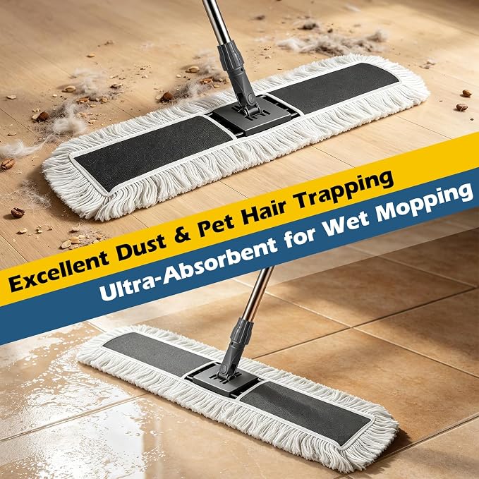 40" Commercial Dust Mop for Floor Cleaning, Heavy Duty Industrial Mop | Large Flat Mop with 64“ Long Handle, Push Mop with 2 Mops Pads, for Hardwood, Tile, Gym, Office, Mall, Warehouse