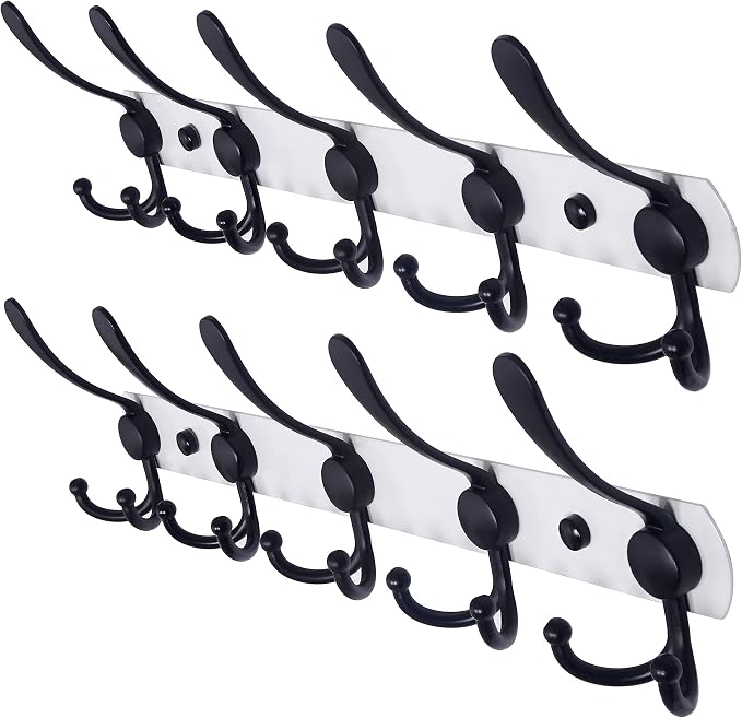 Dseap Wall Mounted Coat Rack - 5 Tri Hooks, Heavy Duty, Stainless Steel, Metal Coat Hook Rail for Coat Hat Towel Purse Robes Mudroom Bathroom Entryway (White & Black, 2 Packs)