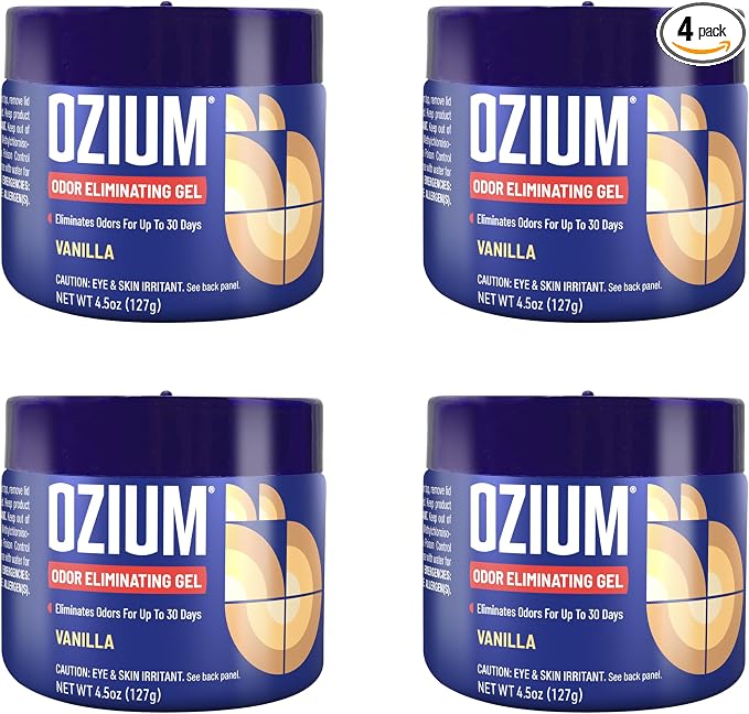 Ozium 4.5 Oz. Odor Eliminating Gel, Air Freshener Alternative | For Smoke, Pets, and Musty Odors, Long Lasting Odor Remover for Cars, Homes, Closets and Small Spaces, Vanilla Scent