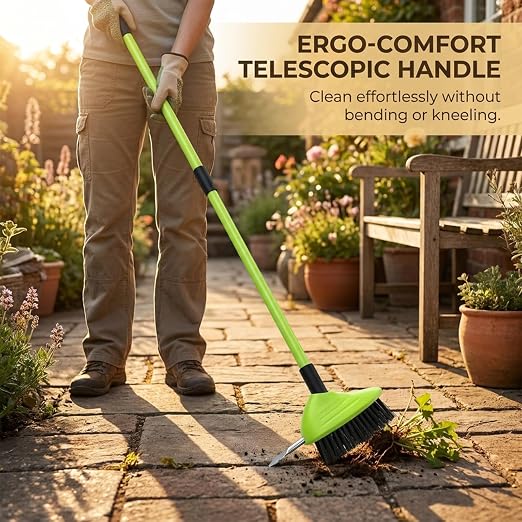 3-in-1 Weed Brush Set with Long Handle for Patio & Driveway (Green,3pcs) | Includes a floor scrub brush, gap cleaning brush and metal weeding hook for cleaning patios, concrete, decks and driveways.