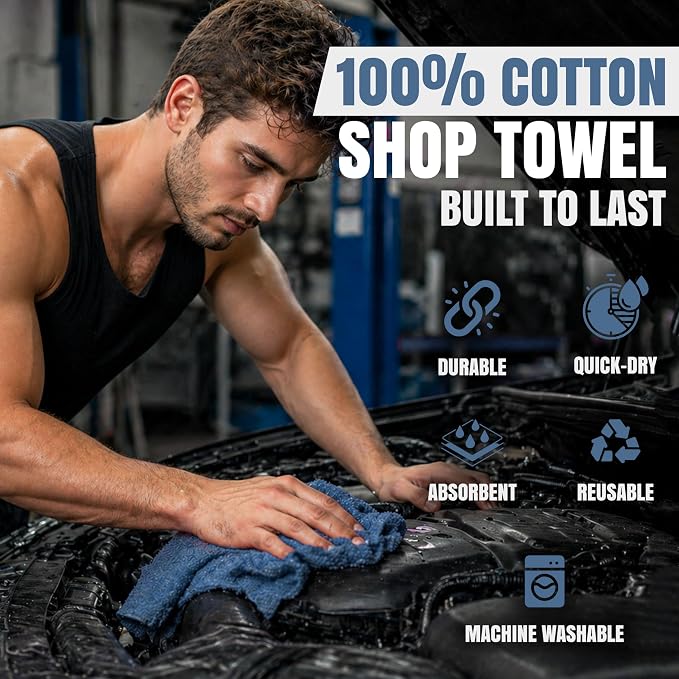 Premium Shop Towels Blue, 500 Pack, 13”x14”, Reusable Cleaning Rags Bulk, Multipurpose Commercial-Grade Shop Rags Cotton for Oil, Grease, Paint, Auto, Garage, Workshop, and Industrial Use