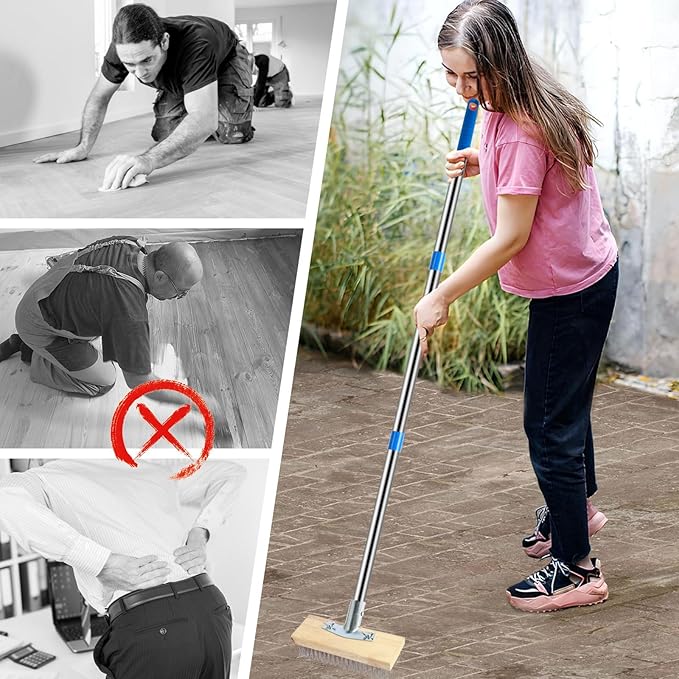 Stainless Steel Deck Scrub Brush with Detachable Long Handle Poles | Adjustable Wire Broom with 4 Detachable Pole Sections, Heavy Duty Metal Wire Floor Scrubber for Garden Cleaning