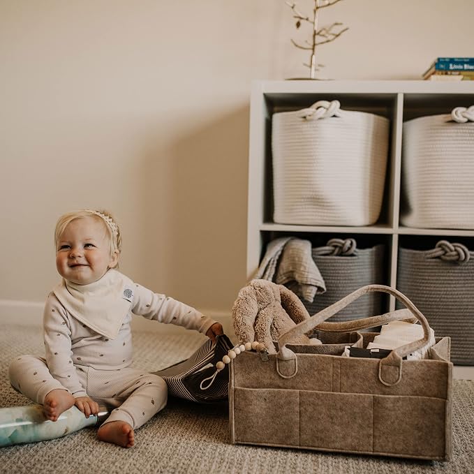 Parker Baby Co. Felt Diaper Caddy Organizer - Large, Oatmeal | Portable nursery storage bin for diapers, wipes, bottles & baby essentials in home/car. Soft felt, foldable design 16x10x7"